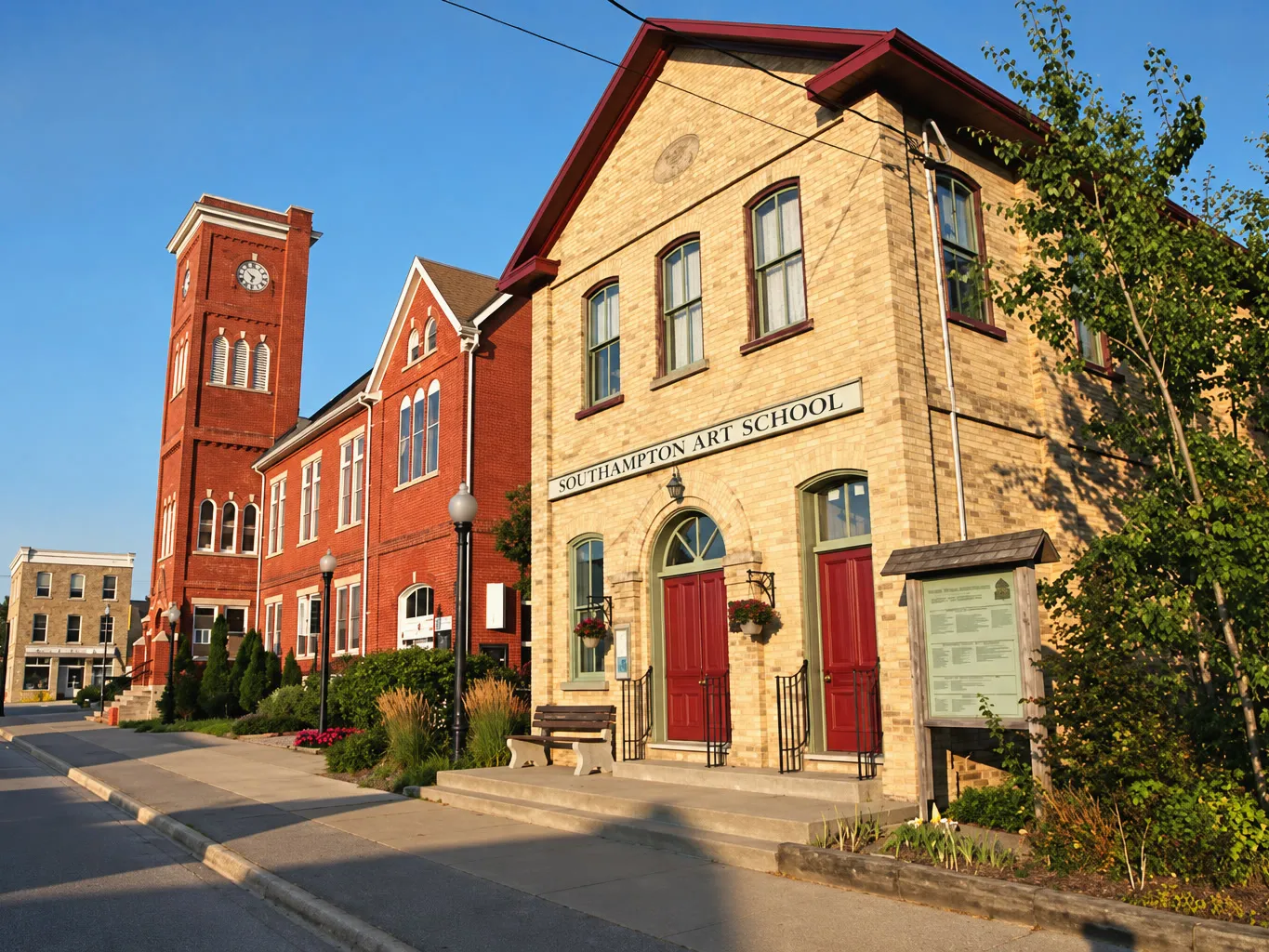 The Southampton Art School, a yellow-brick building with red doors on Albert Street, the old Town Hall's clock tower beyond