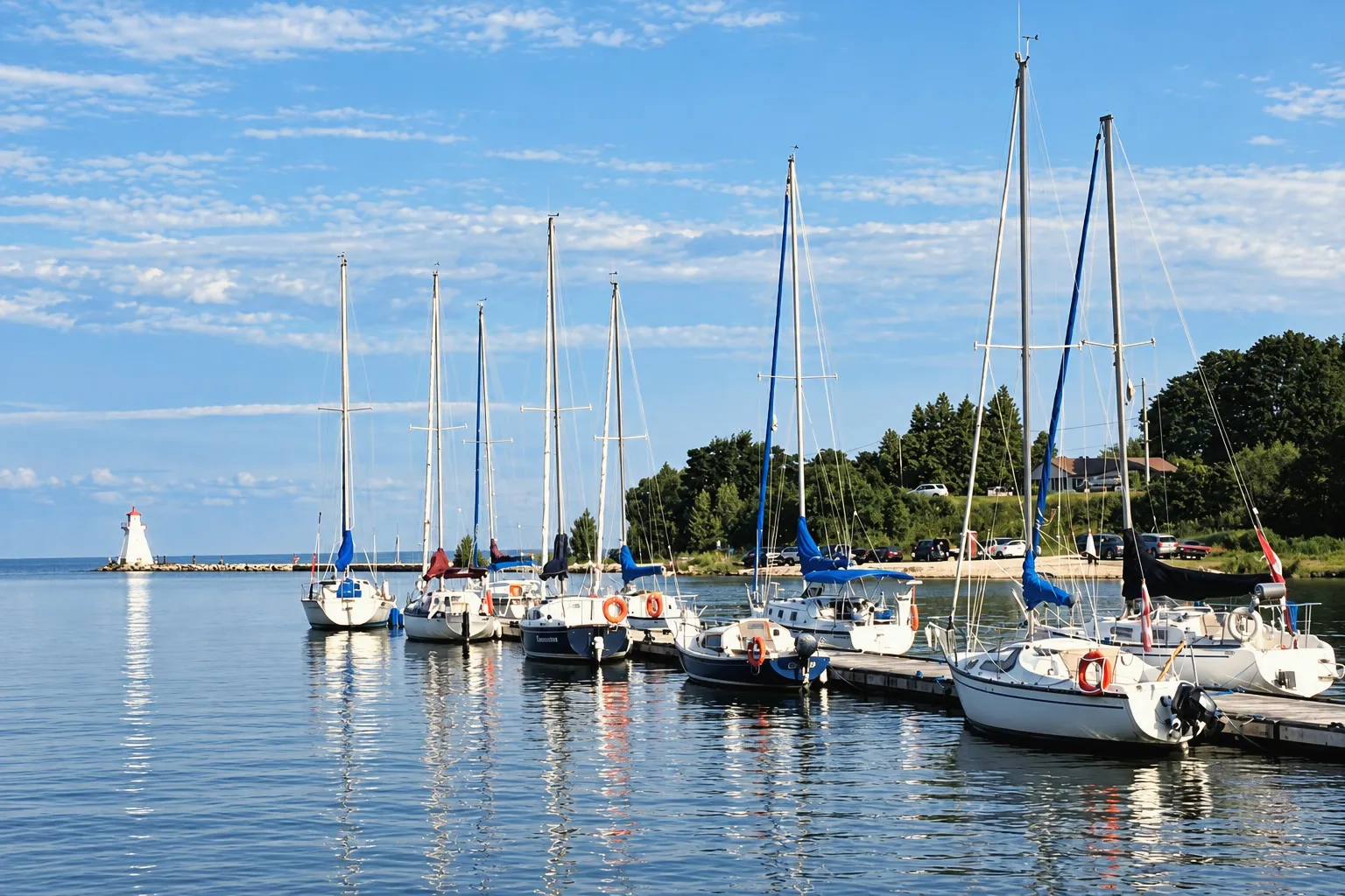 Sailboats at their moorings in the harbour, with the white range light on the pier