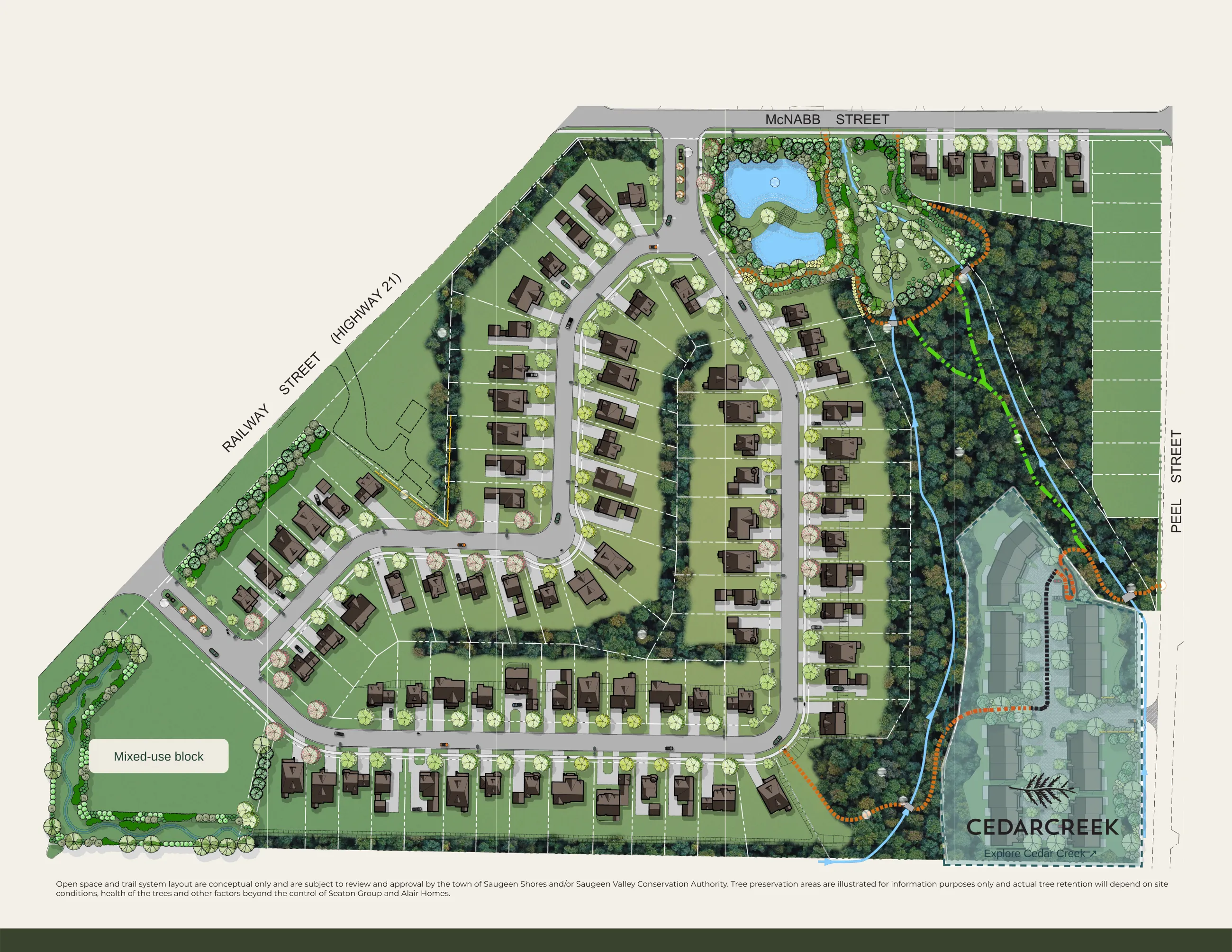 Southampton Landing community plan, showing streets, lots, the creek and pond, trails and the mixed-use block.