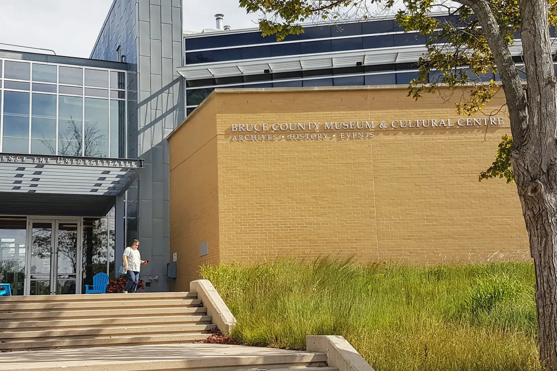 The entrance and steps of the Bruce County Museum & Cultural Centre