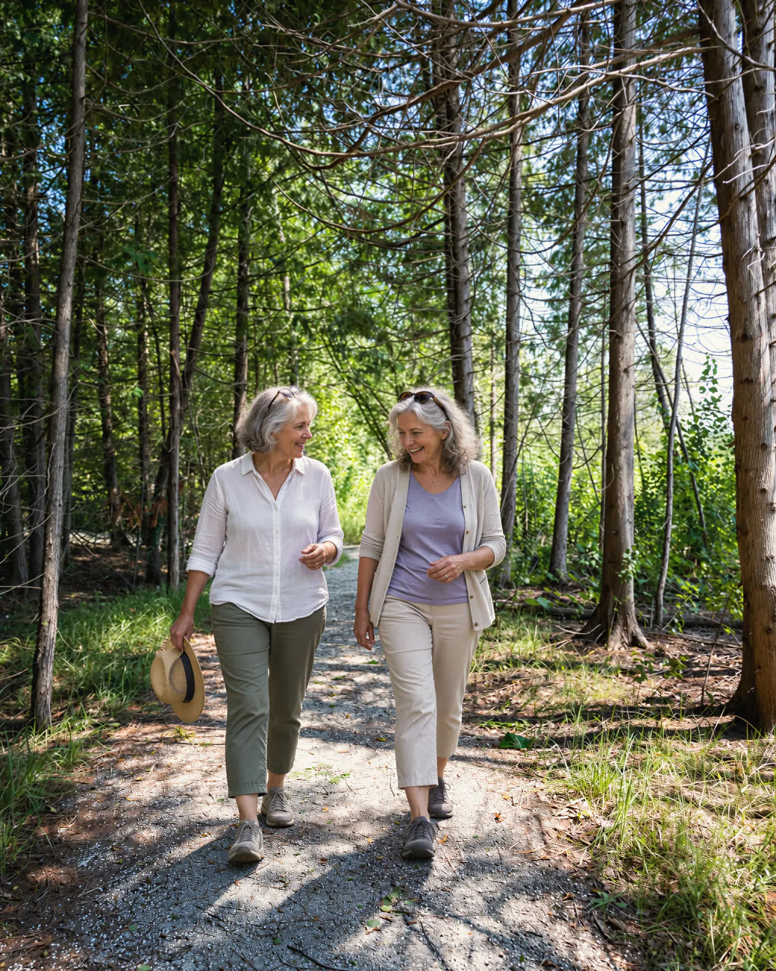 Two friends walking and talking on a gravel path through the woods