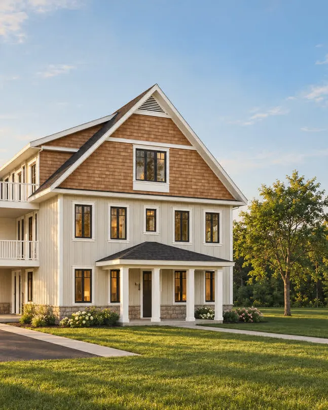 The porch and front door of The fourplex concept, from the rendering