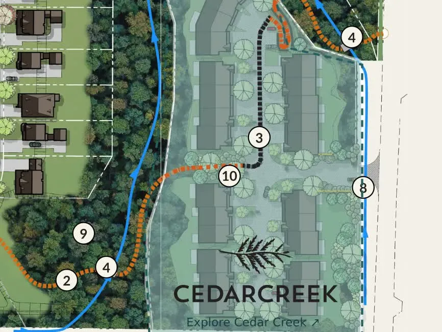 Detail of the community plan: Cedar Creek Townhomes set in the trees on the east side, reached from Peel Street